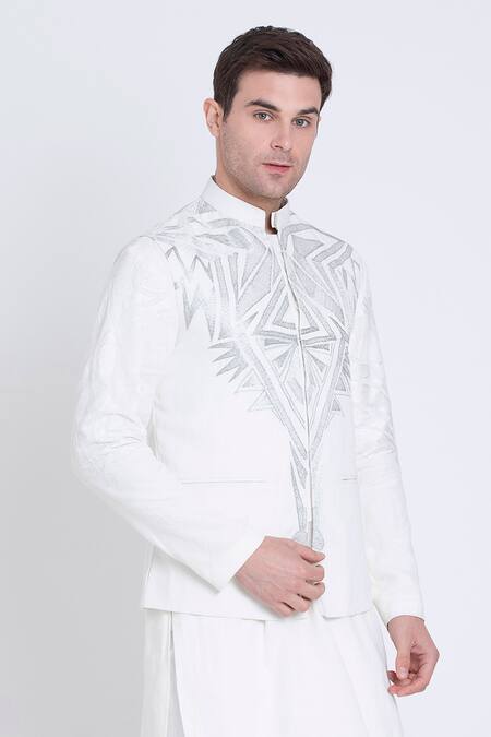 Buy_Arun Verma_Ivory Silk Embroidery Tribal Resham Bundi_Online_at_Aza_Fashions