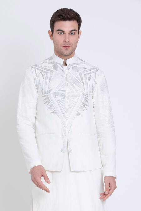 Arun Verma_Ivory Silk Embroidery Tribal Resham Bundi_at_Aza_Fashions