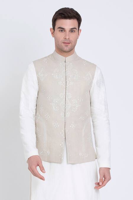 Arun Verma_Pink Linen Embroidery Warli Bloom Bundi_Online_at_Aza_Fashions