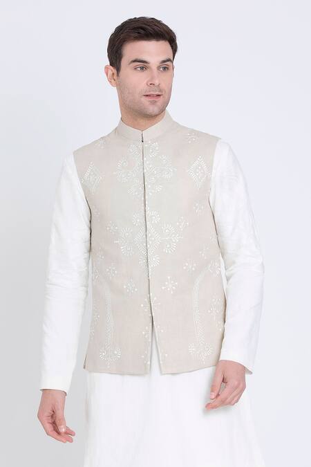 Buy_Arun Verma_Pink Linen Embroidery Warli Bloom Bundi_Online_at_Aza_Fashions