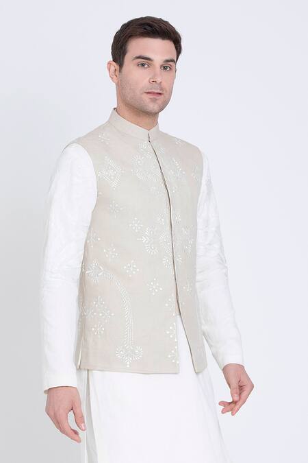 Shop_Arun Verma_Pink Linen Embroidery Warli Bloom Bundi_Online_at_Aza_Fashions