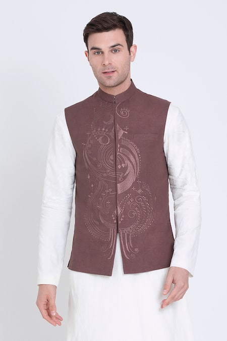 Arun Verma_Brown Linen Embroidery Celeste Bloom Bundi_Online_at_Aza_Fashions
