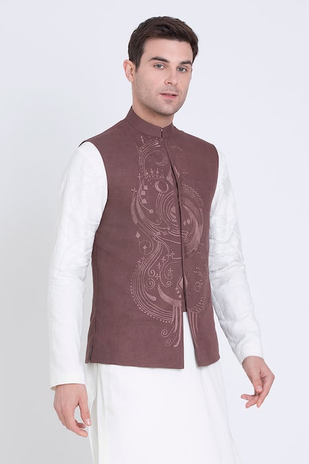 Shop_Arun Verma_Brown Linen Embroidery Celeste Bloom Bundi_Online_at_Aza_Fashions