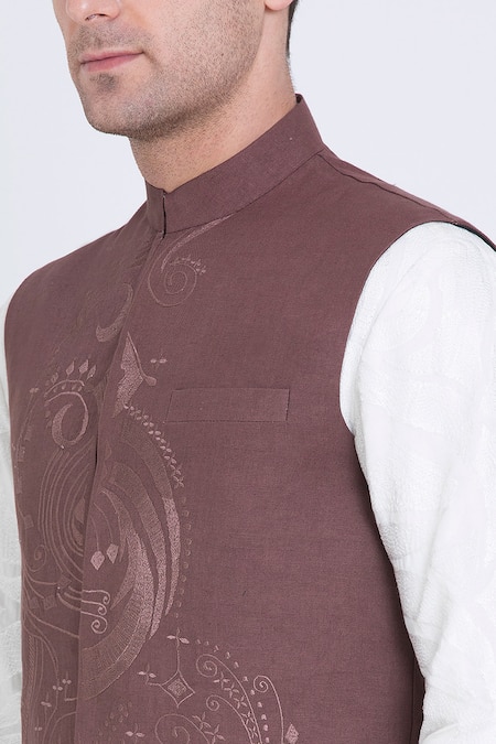 Buy_Arun Verma_Brown Linen Embroidery Celeste Bloom Bundi