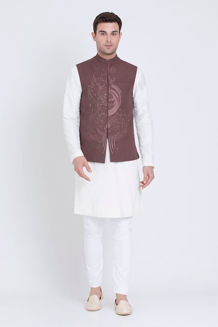 Shop_Arun Verma_Brown Linen Embroidery Celeste Bloom Bundi