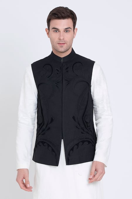 Arun Verma Black Linen Applique Velvet Band Collar Bundi Online at Aza Fashions Arun Verma_Black Linen Applique Velvet Band Collar Bundi_Online_at_Aza_Fashions