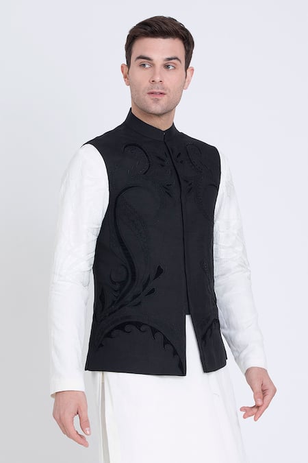 Buy Arun Verma Black Linen Applique Velvet Band Collar Bundi Online at Aza Fashions Buy_Arun Verma_Black Linen Applique Velvet Band Collar Bundi_Online_at_Aza_Fashions