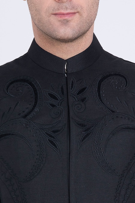 Shop Arun Verma Black Linen Applique Velvet Band Collar Bundi Online at Aza Fashions Shop_Arun Verma_Black Linen Applique Velvet Band Collar Bundi_Online_at_Aza_Fashions