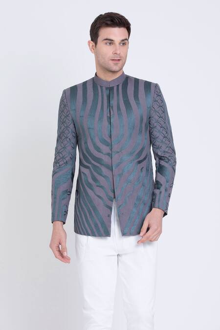 Arun Verma_Grey Linen Embroidery Persian Bloom Resham Bundi _Online_at_Aza_Fashions