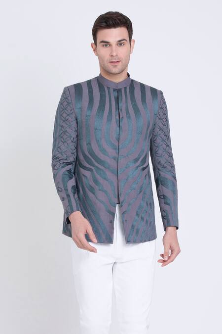 Buy_Arun Verma_Grey Linen Embroidery Persian Bloom Resham Bundi _Online_at_Aza_Fashions