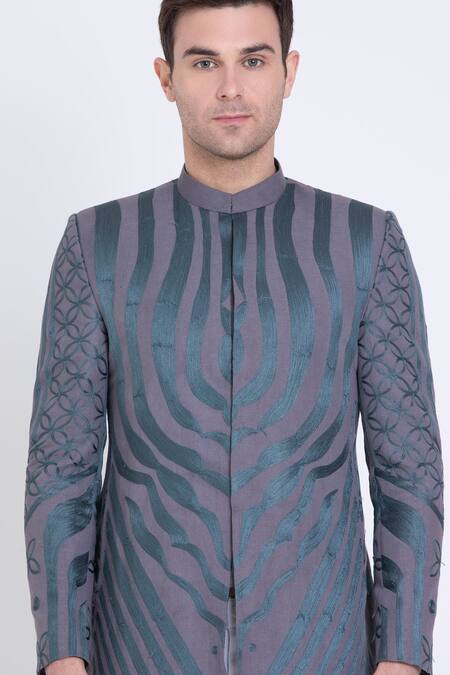 Arun Verma_Grey Linen Embroidery Persian Bloom Resham Bundi _at_Aza_Fashions