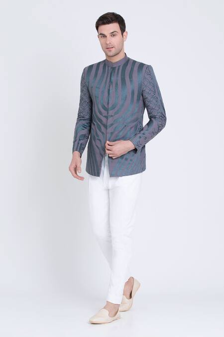 Buy_Arun Verma_Grey Linen Embroidery Persian Bloom Resham Bundi 