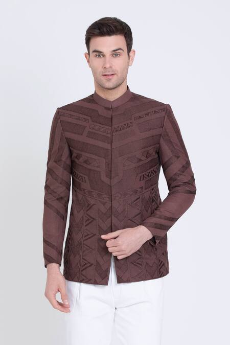 Arun Verma Brown Linen Embroidery Aztec Resham Bandhgala Online at Aza Fashions Arun Verma_Brown Linen Embroidery Aztec Resham Bandhgala _Online_at_Aza_Fashions