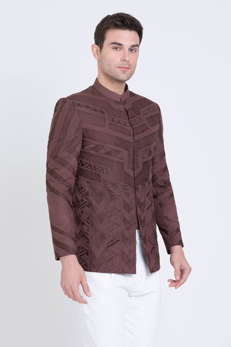 Shop Arun Verma Brown Linen Embroidery Aztec Resham Bandhgala Online at Aza Fashions Shop_Arun Verma_Brown Linen Embroidery Aztec Resham Bandhgala _Online_at_Aza_Fashions