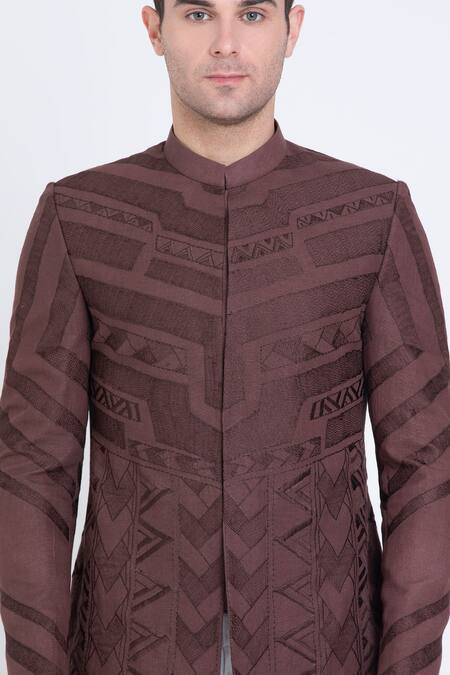 Arun Verma Brown Linen Embroidery Aztec Resham Bandhgala at Aza Fashions Arun Verma_Brown Linen Embroidery Aztec Resham Bandhgala _at_Aza_Fashions