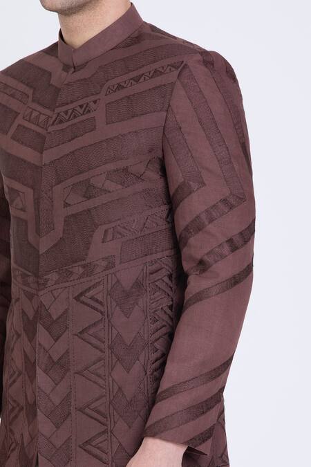 Buy Arun Verma Brown Linen Embroidery Aztec Resham Bandhgala Buy_Arun Verma_Brown Linen Embroidery Aztec Resham Bandhgala