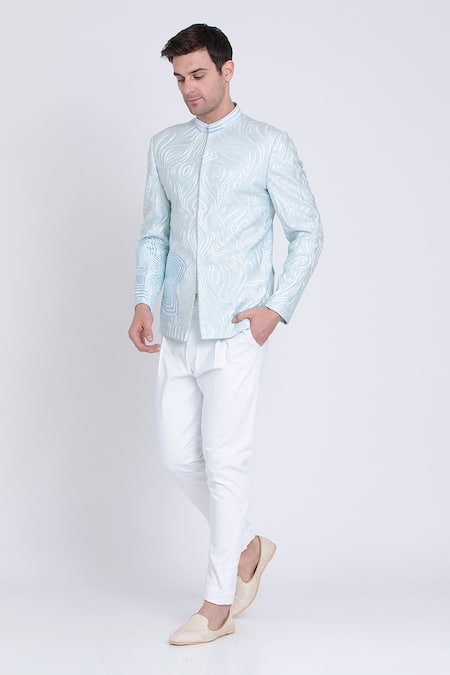 Shop Arun Verma Blue Silk Embroidery Petal Swirl Resham Bandhgala at Aza Fashions Shop_Arun Verma_Blue Silk Embroidery Petal Swirl Resham Bandhgala _at_Aza_Fashions