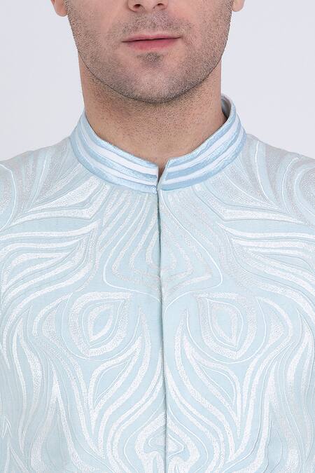 Arun Verma Blue Silk Embroidery Petal Swirl Resham Bandhgala Online at Aza Fashions Arun Verma_Blue Silk Embroidery Petal Swirl Resham Bandhgala _Online_at_Aza_Fashions