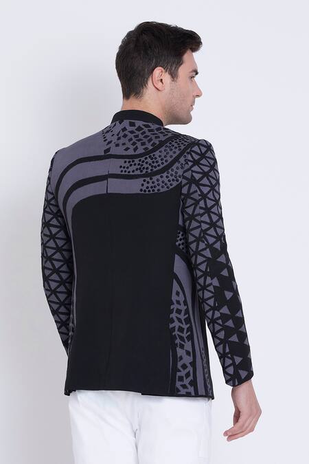 Shop Arun Verma Black Microfiber Applique, Patchwork Geometric Work Embellished Bandhgala at Aza Fashions Shop_Arun Verma_Black Microfiber Applique, Patchwork Geometric Work Embellished Bandhgala _at_Aza_Fashions