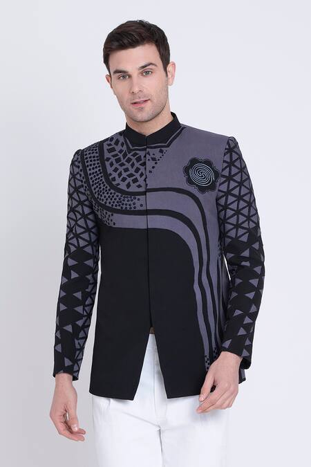 Arun Verma Black Microfiber Applique, Patchwork Geometric Work Embellished Bandhgala Online at Aza Fashions Arun Verma_Black Microfiber Applique, Patchwork Geometric Work Embellished Bandhgala _Online_at_Aza_Fashions
