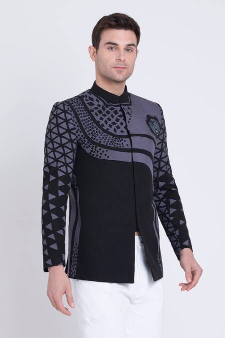 Buy Arun Verma Black Microfiber Applique, Patchwork Geometric Work Embellished Bandhgala Online at Aza Fashions Buy_Arun Verma_Black Microfiber Applique, Patchwork Geometric Work Embellished Bandhgala _Online_at_Aza_Fashions