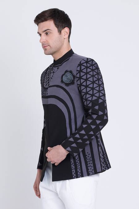 Shop Arun Verma Black Microfiber Applique, Patchwork Geometric Work Embellished Bandhgala Online at Aza Fashions Shop_Arun Verma_Black Microfiber Applique, Patchwork Geometric Work Embellished Bandhgala _Online_at_Aza_Fashions