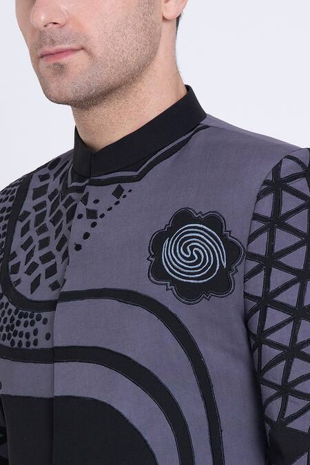 Arun Verma Black Microfiber Applique, Patchwork Geometric Work Embellished Bandhgala at Aza Fashions Arun Verma_Black Microfiber Applique, Patchwork Geometric Work Embellished Bandhgala _at_Aza_Fashions