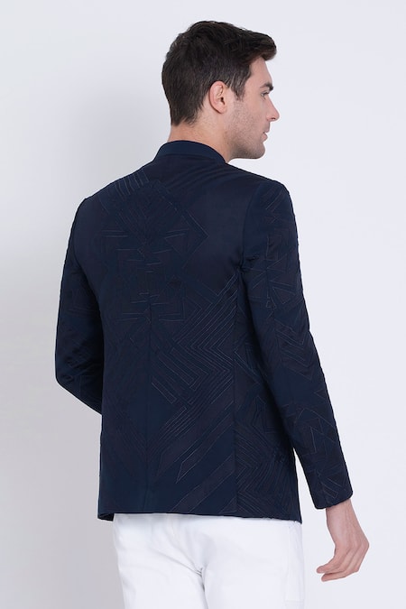 Shop Arun Verma Blue Microfiber Embroidery, Applique Patch Work Embellished Bandhgala at Aza Fashions Shop_Arun Verma_Blue Microfiber Embroidery, Applique Patch Work Embellished Bandhgala _at_Aza_Fashions