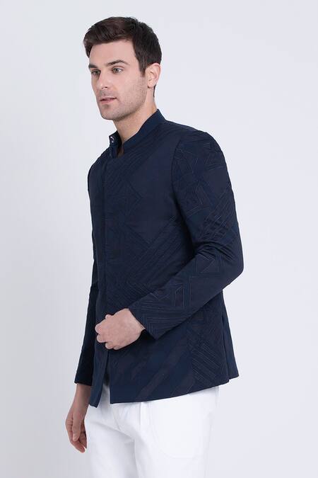 Arun Verma Blue Microfiber Embroidery, Applique Patch Work Embellished Bandhgala Online at Aza Fashions Arun Verma_Blue Microfiber Embroidery, Applique Patch Work Embellished Bandhgala _Online_at_Aza_Fashions