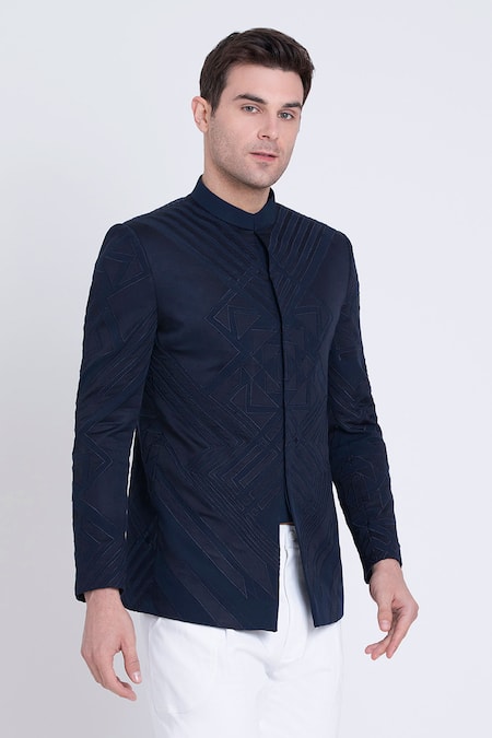 Shop Arun Verma Blue Microfiber Embroidery, Applique Patch Work Embellished Bandhgala Online at Aza Fashions Shop_Arun Verma_Blue Microfiber Embroidery, Applique Patch Work Embellished Bandhgala _Online_at_Aza_Fashions