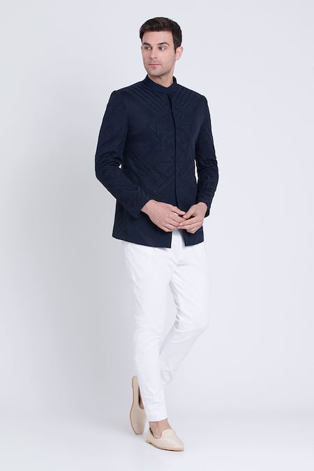 Buy Arun Verma Blue Microfiber Embroidery, Applique Patch Work Embellished Bandhgala Buy_Arun Verma_Blue Microfiber Embroidery, Applique Patch Work Embellished Bandhgala