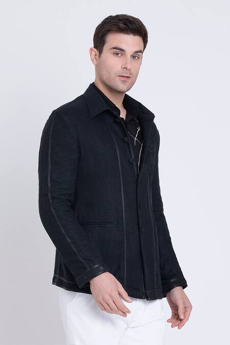 Shop Arun Verma Black Linen Applique, Embroidery Geometric Resham Jacket Online at Aza Fashions Shop_Arun Verma_Black Linen Applique, Embroidery Geometric Resham Jacket _Online_at_Aza_Fashions