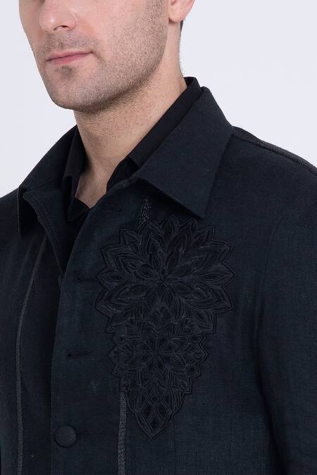 Buy Arun Verma Black Linen Applique, Embroidery Geometric Resham Jacket Buy_Arun Verma_Black Linen Applique, Embroidery Geometric Resham Jacket