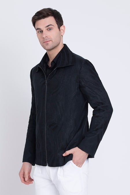 Shop_Arun Verma_Black Linen Embroidery, Applique Resham Jacket _at_Aza_Fashions