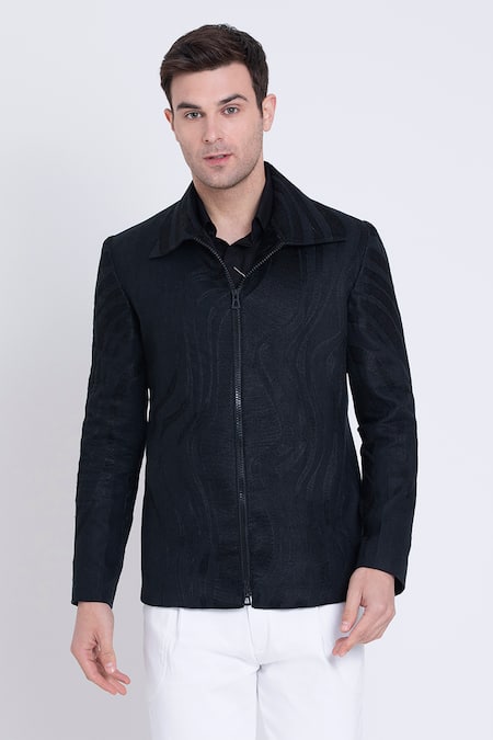 Arun Verma_Black Linen Embroidery, Applique Resham Jacket _Online_at_Aza_Fashions