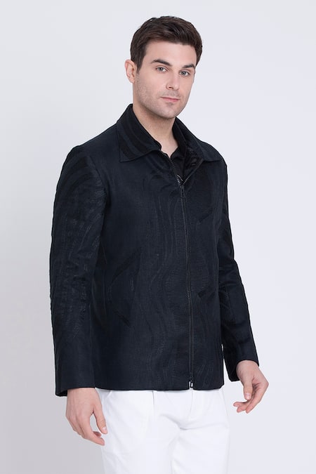 Buy_Arun Verma_Black Linen Embroidery, Applique Resham Jacket _Online_at_Aza_Fashions