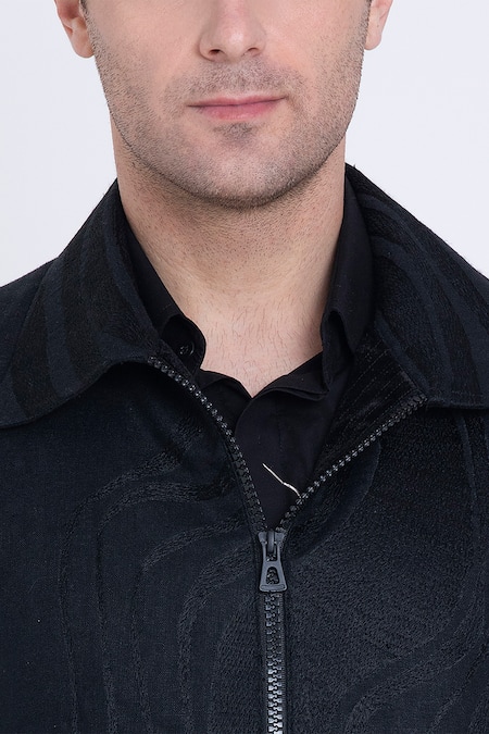 Shop_Arun Verma_Black Linen Embroidery, Applique Resham Jacket _Online_at_Aza_Fashions