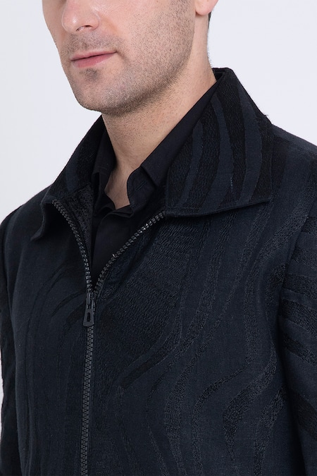 Arun Verma_Black Linen Embroidery, Applique Resham Jacket _at_Aza_Fashions