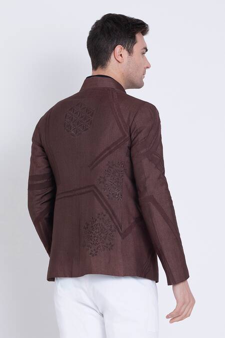 Arun Verma_Brown Silk Embroidery, Applique Front Zipper Jacket _Online_at_Aza_Fashions