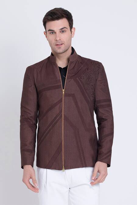 Shop_Arun Verma_Brown Silk Embroidery, Applique Front Zipper Jacket _Online_at_Aza_Fashions