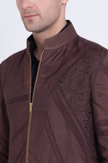 Buy_Arun Verma_Brown Silk Embroidery, Applique Front Zipper Jacket 