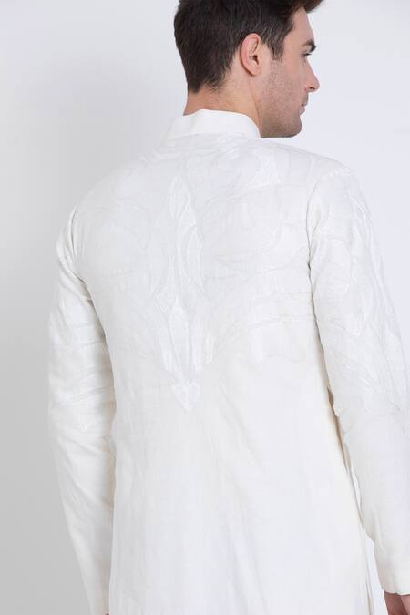 Arun Verma Ivory Linen Embroidery Geometric Resham Kurta With Draped Pant Online at Aza Fashions Arun Verma_Ivory Linen Embroidery Geometric Resham Kurta With Draped Pant _Online_at_Aza_Fashions