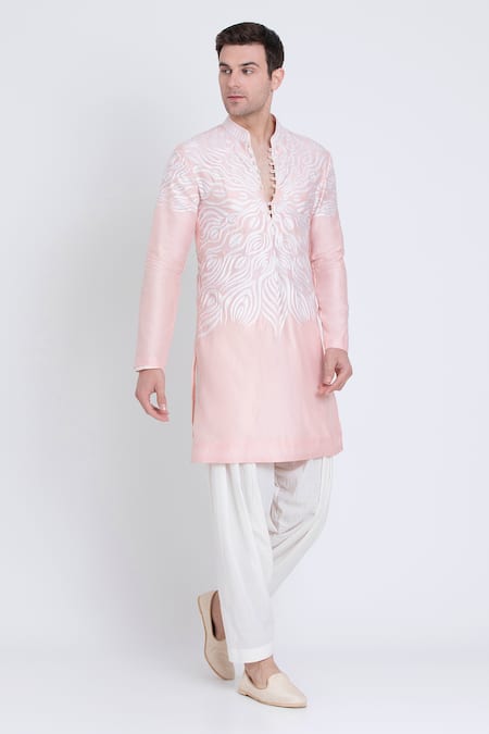 Arun verma Pink Linen Embroidered Geometric Resham Kurta With Draped Pant 