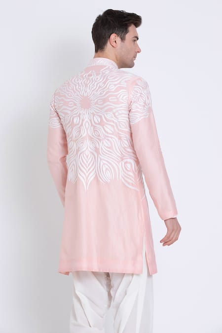 Shop Arun Verma Pink Linen Embroidery Resham Kurta With Draped Pant at Aza Fashions Shop_Arun Verma_Pink Linen Embroidery Resham Kurta With Draped Pant _at_Aza_Fashions