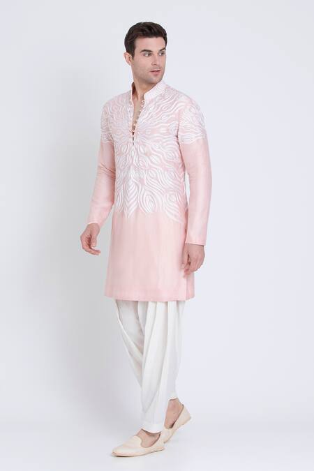 Buy Arun Verma Pink Linen Embroidery Resham Kurta With Draped Pant Buy_Arun Verma_Pink Linen Embroidery Resham Kurta With Draped Pant