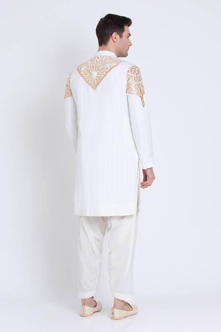 Shop Arun Verma Ivory Linen Applique Embroidered Kurta With Dhoti Pant at Aza Fashions Shop_Arun Verma_Ivory Linen Applique Embroidered Kurta With Dhoti Pant _at_Aza_Fashions