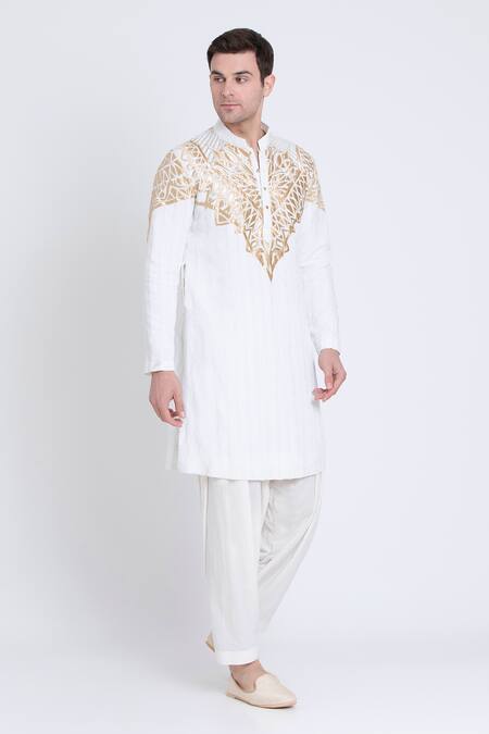 Arun Verma Ivory Linen Applique Embroidered Kurta With Dhoti Pant Online at Aza Fashions Arun Verma_Ivory Linen Applique Embroidered Kurta With Dhoti Pant _Online_at_Aza_Fashions