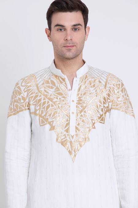 Buy Arun Verma Ivory Linen Applique Embroidered Kurta With Dhoti Pant Online at Aza Fashions Buy_Arun Verma_Ivory Linen Applique Embroidered Kurta With Dhoti Pant _Online_at_Aza_Fashions