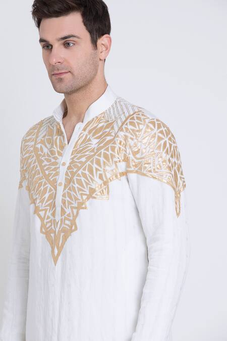 Shop Arun Verma Ivory Linen Applique Embroidered Kurta With Dhoti Pant Online at Aza Fashions Shop_Arun Verma_Ivory Linen Applique Embroidered Kurta With Dhoti Pant _Online_at_Aza_Fashions
