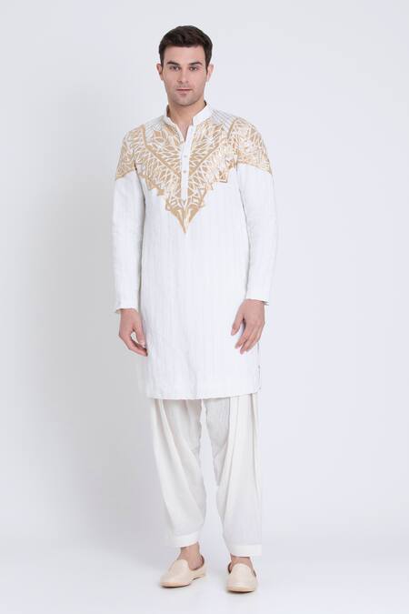 Arun Verma Ivory Linen Applique Embroidered Kurta With Dhoti Pant at Aza Fashions Arun Verma_Ivory Linen Applique Embroidered Kurta With Dhoti Pant _at_Aza_Fashions